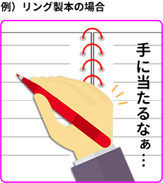 リング製本でリングが手にあたる例の画像です