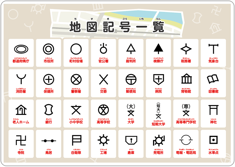 学習下敷きの商品「sn007（日本の地図記号一覧表）」の表面の画像です。