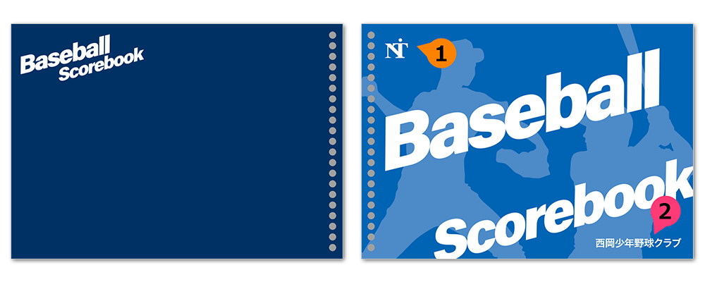 野球・ソフトボール用のオリジナルスコアブックの表紙デザイン「nc039_bs-stylish」のオモテ表紙とウラ表紙のデザインレイアウトのイメージ画像です。