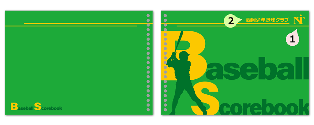 野球・ソフトボール用のオリジナルスコアブックの表紙デザイン「nc041_bs-casual」のオモテ表紙とウラ表紙のデザインレイアウトのイメージ画像です。