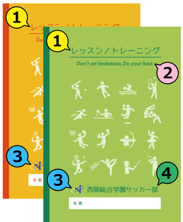 トレーニング（レッスン）内容から反省や学び、アイデア、体調管理など、部活動やクラブチーム・教室等の習い事に幅広く対応した練習記録ノートです。対応サイズはB6・A5・B5・A4。