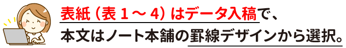 表紙（表1～4）はデータ入稿で、本文はノート本舗の罫線デザインから選択。