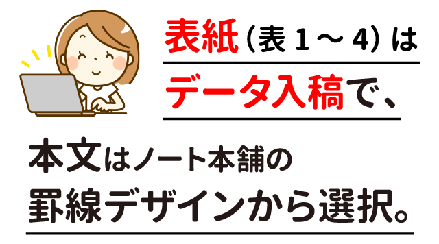 表紙（表1～4）はデータ入稿で、本文はノート本舗の罫線デザインから選択。