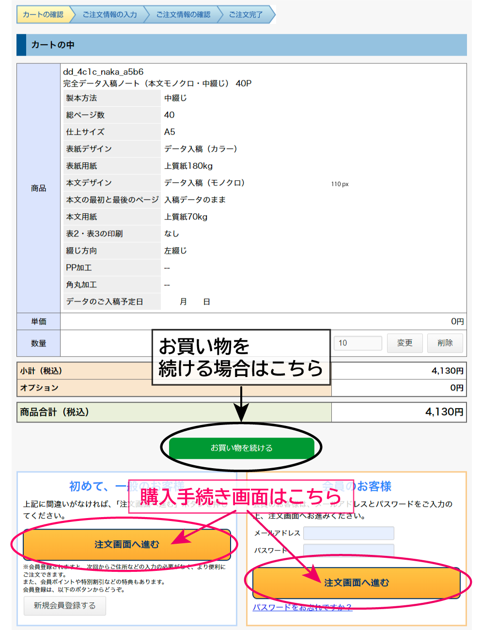 買い物かごの中身の確認画面。確認後「購入手続きへ進む」または「買い物を続ける」をクリックしてください。