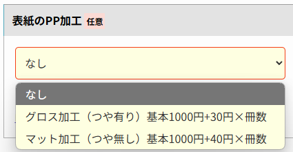 ご注文フォーム内のPP加工の選択項目の画像です