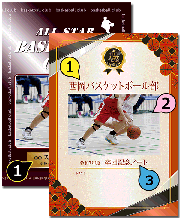 スポーツ少年団やクラブチームなどの卒団記念にオススメ！クラブ名・卒団年度・集合写真などが簡単に入れられるノート本舗のオリジナル商品です。対応サイズはB6・A5・B5・A4。