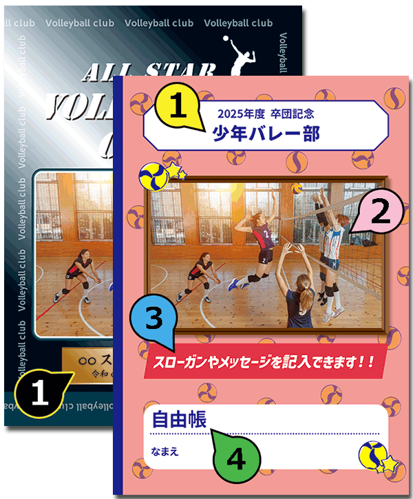 スポーツ少年団やクラブチームなどの卒団記念にオススメ！クラブ名・卒団年度・集合写真などが簡単に入れられるノート本舗のオリジナル商品です。対応サイズはB6・A5・B5・A4。